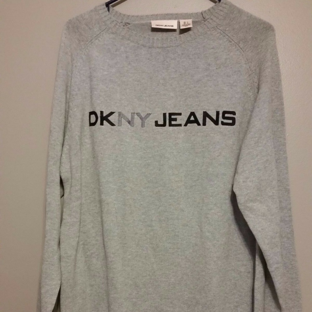 DKNY JEANS Men's Large Cotton Logo Sweater Gray